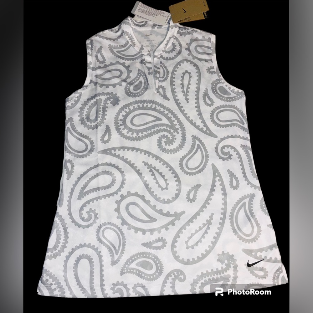 NWT-Nike Women Dri-Fit Printed Golf Polo Size Small White/Grey